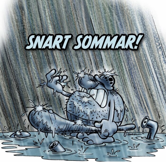 Tecknad figur sitter i regn med texten "Snart sommar!" och ser humoristiskt besvärad ut, omgiven av vattenpölar och rördelar.
