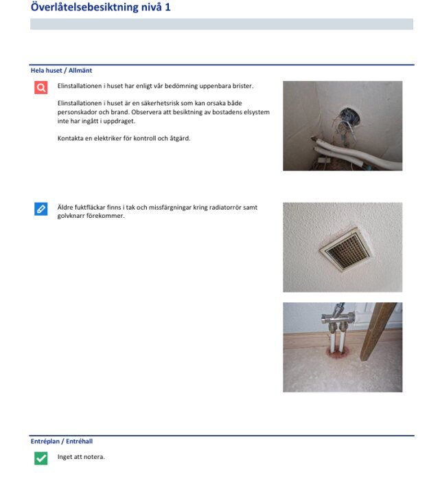 Bild av ett besiktningsprotokoll för hus med bilder av elinstallation, ventilation och golv med röda fläckar runt rör.