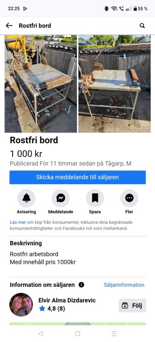 Rostfritt arbetsbord för utomhusbruk, med slitytor och omgivande förvaring. Säljes för 1000 kr, med beskrivning och kontaktalternativ.