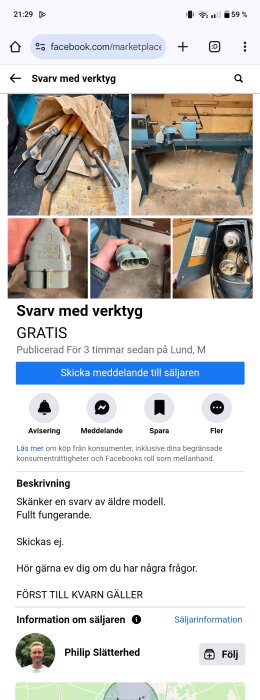 Äldre svarv med verktyg och äldre elkontakt, erbjuds gratis. Verktygen är placerade på ett bord.
