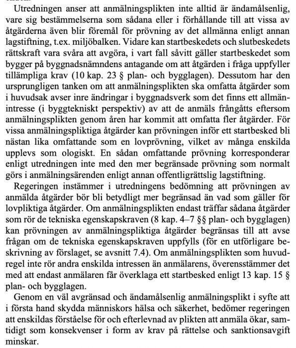 Text från svensk proposition om anmälningsplikt och tekniska åtgärder enligt plan- och bygglagen.