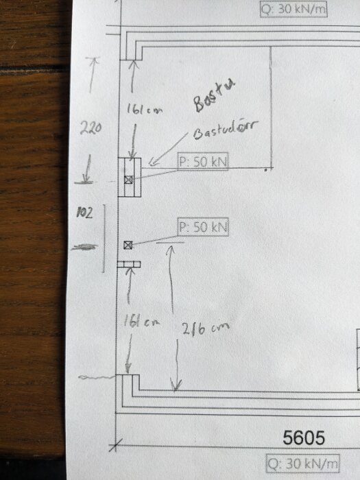 Ritning av basturum med måttsatta väggar och dörrens placering, inkl. lastpunkter markerade med P: 50 kN, fönstermått och dörrhöjd.