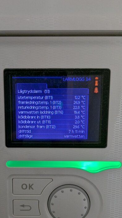Display på bergvärmepump Nibe F1245 visar larmloggar och temperaturer.