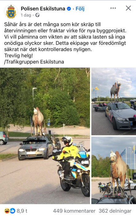 En kamelstaty säkrad på ett biltak, eskorterad av polis på motorcykel.