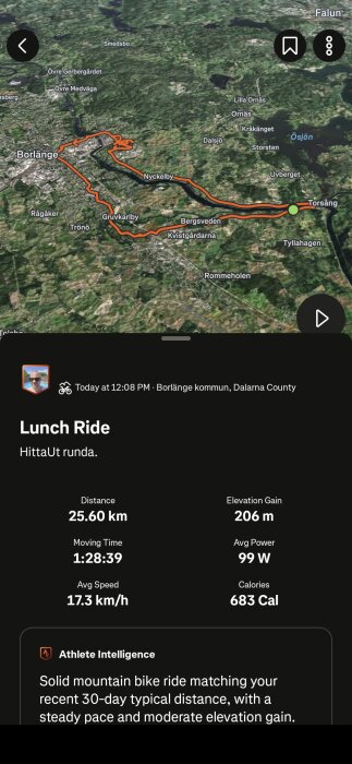 Karta över cykelrunda i Borlänge kommun, med start i Torsång; avstånd: 25,60 km, höjdökning: 206 m, snitthastighet: 17,3 km/h, kaloriförbrukning: 683 kcal.