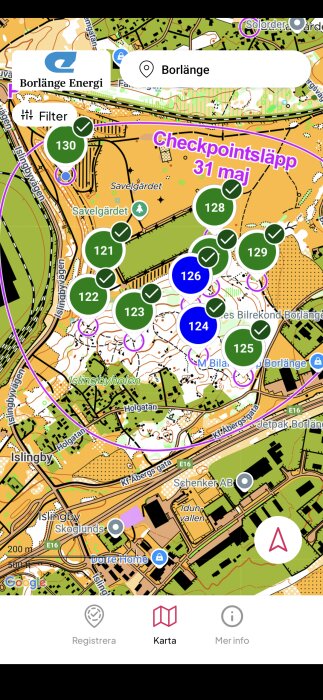 Karta över Borlänge med markerade checkpoints och olika vägbeskrivningar, inklusive text "Checkpointsläpp 31 maj".