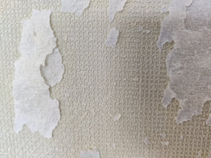 Grönaktig, mönstrad duk sedd under avskalad tapet, fragment av ljust puts kvarstår.