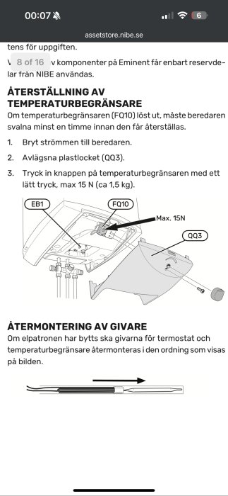 Instruktionsbild för återställning av temperaturbegränsare på värmepanna; steg: bryt ström, ta bort plastlock, tryck knapp under max 15N kraft.