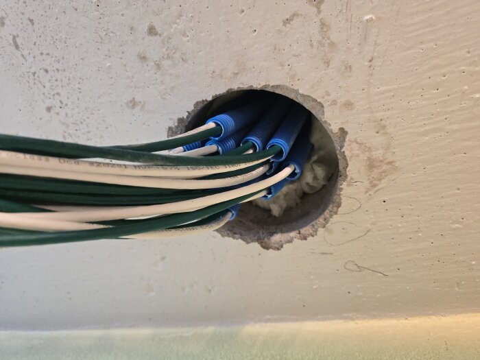 Blå flexslangar med nätverkskablar synliga genom runt hål i vägg, en del av nätverksinstallation i hobbyrum.