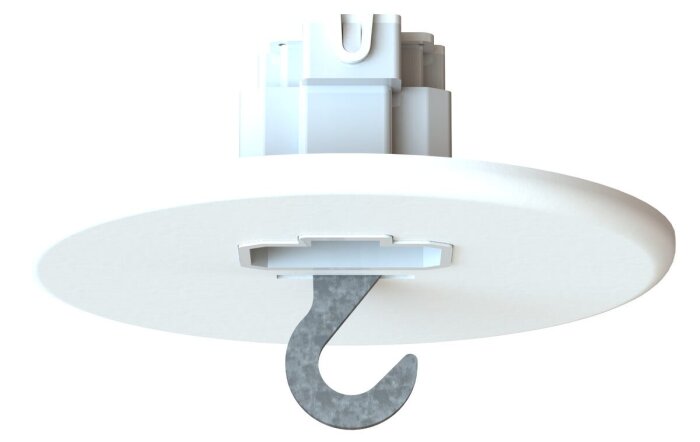 Inbyggd krok i en DCL-lampkontakt för tak, vit bas med metallkrok, belastningskapacitet diskuteras i forumtråden.