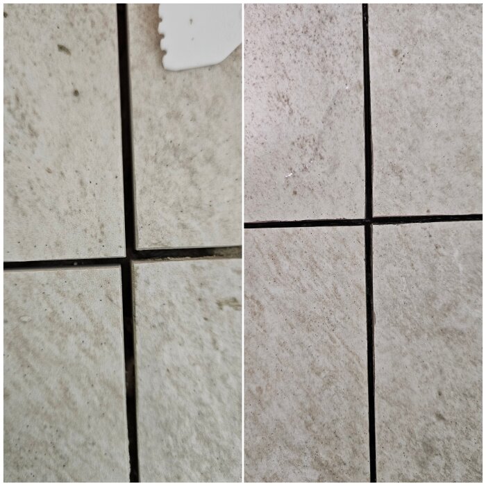 Före- och efterbild av kakeljustering, där fogarna har finslipats med en vinkelslip för mindre iögonfallande resultat.