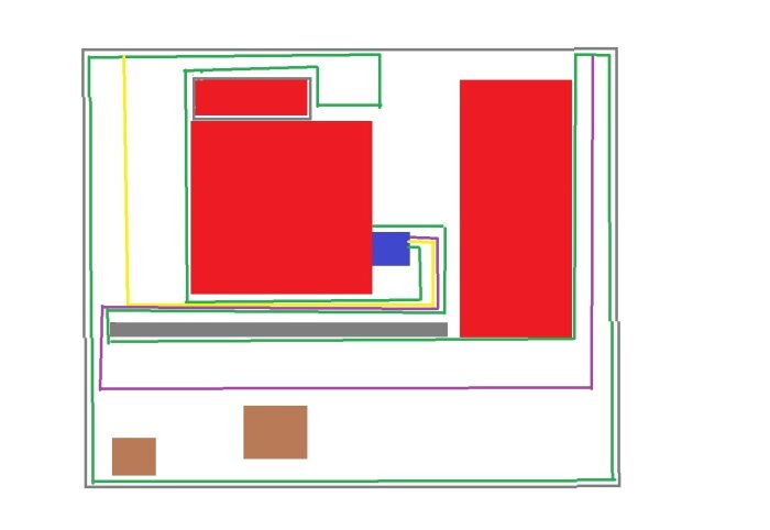 Paint-skiss av trädgårdsplan med begränsningskabel (grön), guidekabel (gul och lila), robothus (blå), trappor (grå) och öar (brun).