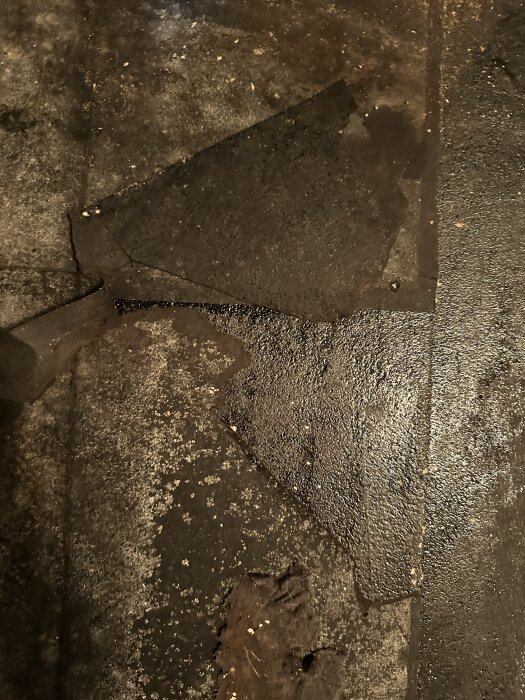 Svart klibbigt material på golv under borttagen matta i källare, visar fukt och möjlig svart papp eller lim. Eventuell asbest eller mögelpotential.
