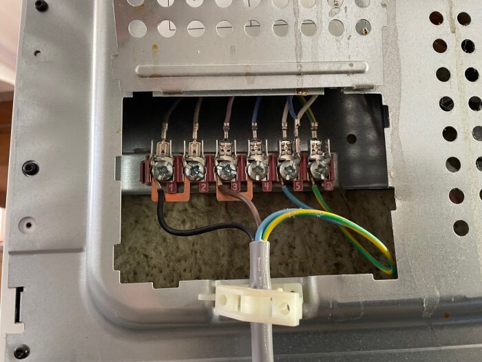 Anslutningspanel på baksidan av spis med fem numrerade terminaler och synliga kopplingssladdar.