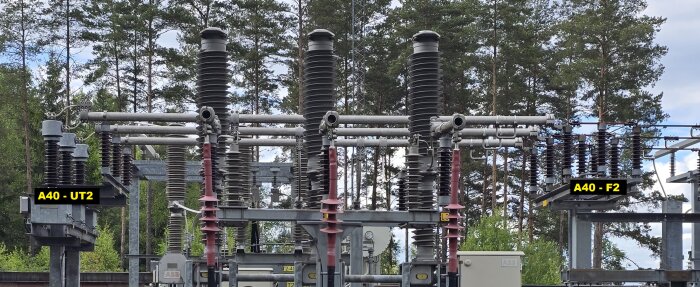 Transformatorstation med skenor och isolatorer vid inkommande matning A40. Detta inkluderar märkta kopplingar A40 - UT2 och A40 - F2.