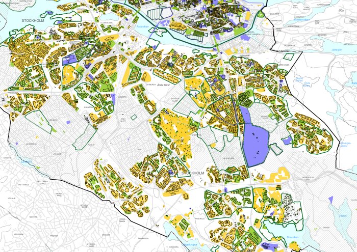 Karta över södra Stockholm med färgkodade områden, inklusive parker och byggnader, används för att diskutera områdesklassificering.