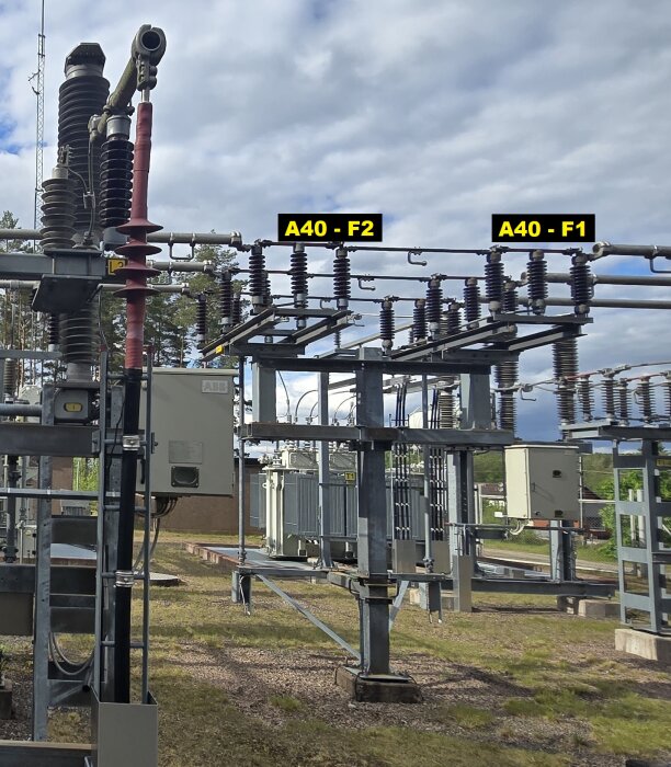 Bild av en högspänningsstation med luftburna ledningar och två ställverk märkta A40 - F2 och A40 - F1. Brytare och isolatorer syns tydligt i förgrunden.