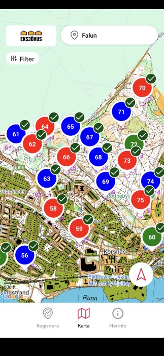 Karta över Falun med numrerade och färgkodade markeringar; visar olika områden och deras status.