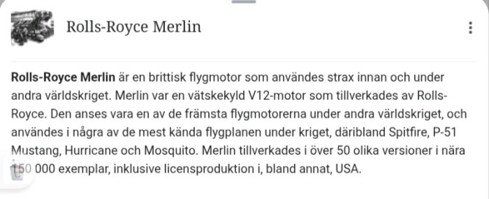 Rolls-Royce Merlin flygmotor med text om dess historiska och tekniska egenskaper under andra världskriget.