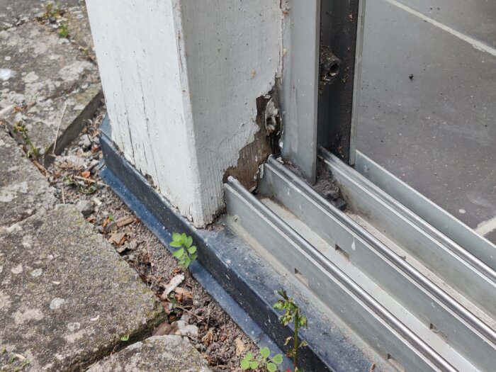 Skadad stolpe i uterum med murknad trä vid basen, omgiven av glasdörr och betongplattor, visar konstruktionens brister vid fuktproblem.