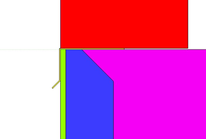 Skiss av stolpkonstruktion för uterum: Röd stolpe, gröna och blå kantelement av fibercementskiva och cellplast, rosa betong, gul plåt mellan stolpe och platta.