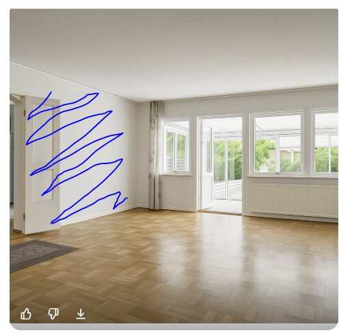 Ett stort vardagsrum med parkettgolv, stora fönster och utgång till en uteplats. Blåmarkeringar visar en vägg som planeras att tas bort.