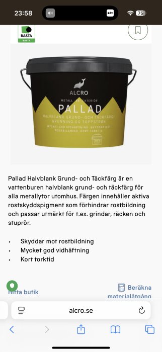 Hink med Alcro Pallad halvblank grund- och täckfärg, idealisk för metall utomhus. Förpackningen visar logotyp och egenskaper som rostskydd.