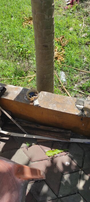 Elektrisk anslutning och kabel på uteserveringsgolv i ankelhöjd, omgiven av gräs och trädstam.