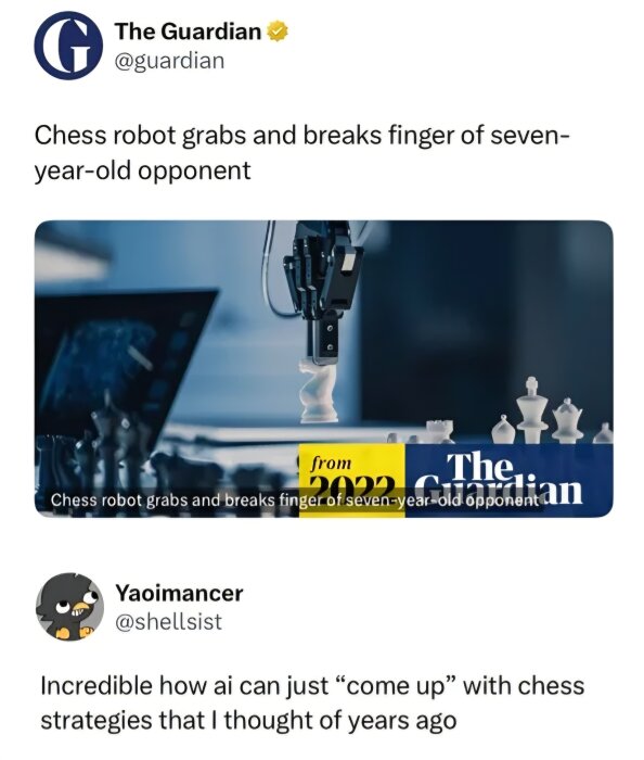 A tweet från The Guardian om en schackrobot som bröt ett barns finger, med en bild på en robotarm vid ett schackbräde.