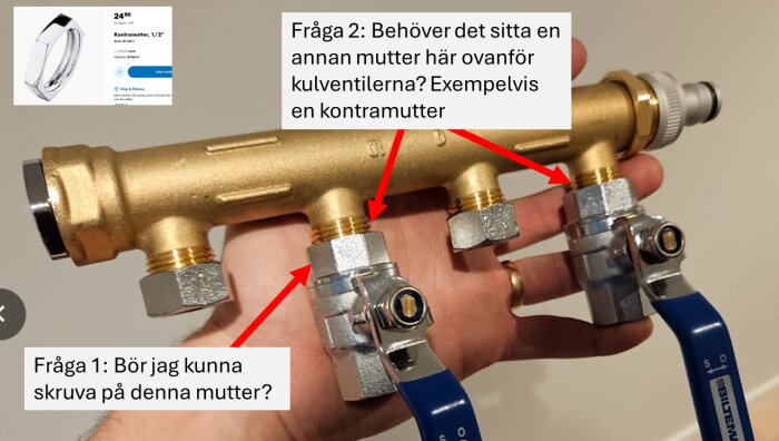 Fördelare med två kulventiler och frågor om skruvning och eventuell behov av kontramutter för att fixera ventilerna framåt.