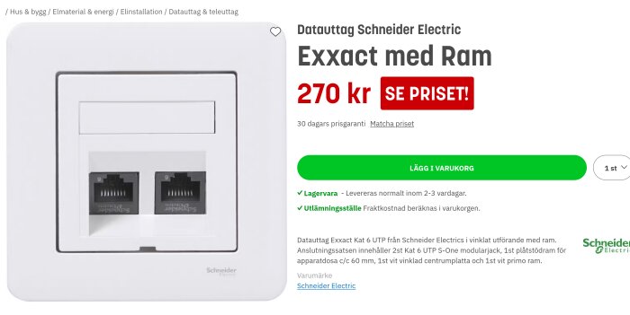 Datadubbeluttag Schneider Electric Exxact med vit ram, pris 270 kr, visas på webbplats för elinstallationsmaterial.