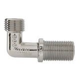 Kromad bogårdsvinkel koppling med gängade ändar, används i VVS-installationer.