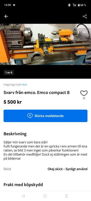 Orange Emco Compact 8 svarv med handtag och chuck.