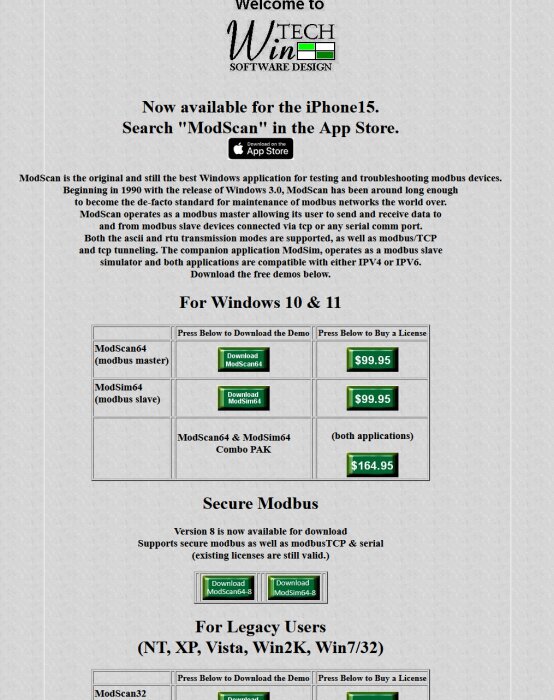 Win-Tech Software Design hemsida med information om ModScan och ModSim, inklusive priser och nedladdningsalternativ för Windows och iPhone.