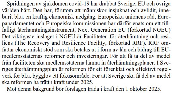 Textdokument beskriver EU:s återhämtningsinstrument efter covid-19, regler och tidslinje för införande i Sverige senast 2025.