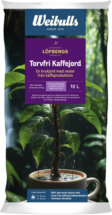 Påse med torvfri kaffejord av Weibulls och Löfbergs för odling, med en planta i en kaffekopp, 18 liter, för blommande och gröna växter.