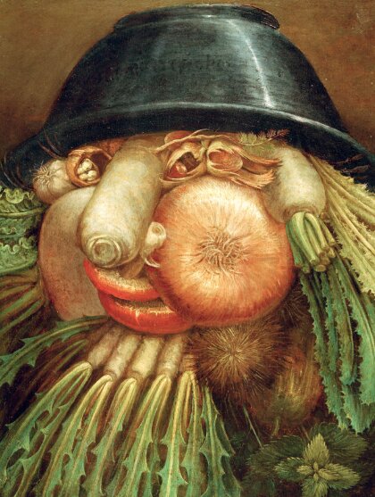 En rolig målning av Arcimboldo med ett ansikte gjort av frukt och grönsaker, där hatten är en svart kastrull.