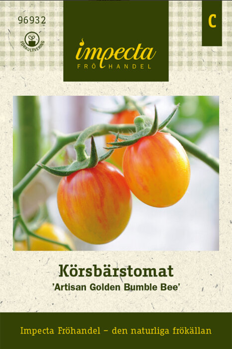 Förpackning med fröpåsar för körsbärstomaten 'Artisan Golden Bumble Bee' från Impecta Fröhandel.