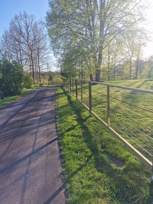 Väg bredvid gräsplan med nybyggt stängsel av trä och metalltråd, omgiven av träd i soligt väder.