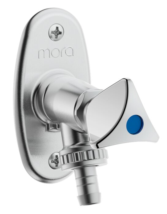 Ventil för vattenutkastare i metall, med handtag och anslutning för trädgårdsslang. Märkt "Mora".