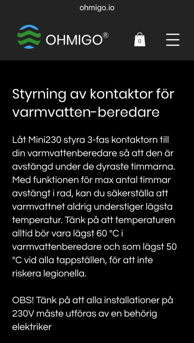 Bild av Ohmigo Mini 230 instruktion för styrning av kontaktor för varmvattensberedare, med säkerhetsanvisningar och varning för legionella.