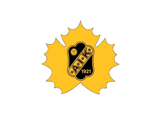 Logotyp för AIK med texten "1921" i svart och guldfärger, omgiven av en gul kontur i form av ett löv.