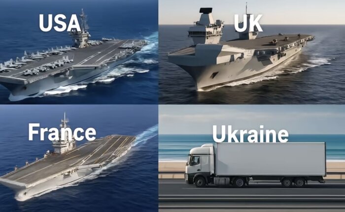 Bild med fyra delar: Amerikanskt, brittiskt och franskt hangarfartyg samt ukrainsk lastbil på motorväg vid havet.