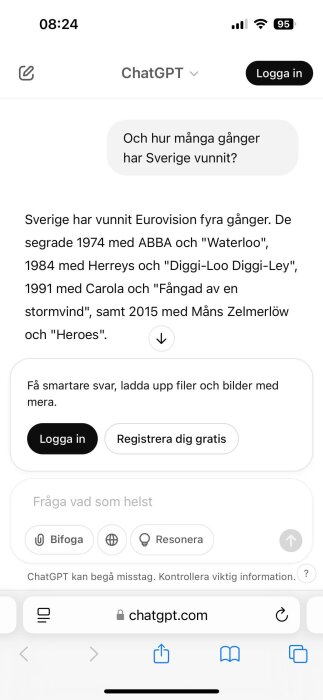 Skärmdump av ett samtal i ChatGPT där en fråga om Sveriges Eurovision-segrar ställs, med svar om fyra vinster för olika år och artister.