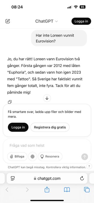 Skärmbild av en chattkonversation i ChatGPT där det diskuteras om Loreen vunnit Eurovision två gånger.