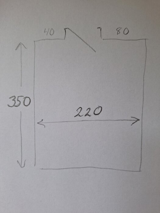 Ritning av rektangulärt hål för källartrappa med måtten 220 x 350 cm och markerade sektioner om 40 cm och 80 cm vid övre kanten.