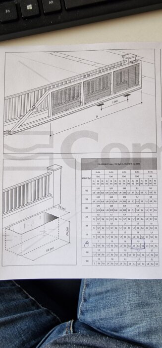 Ritning av skjutgrind med diagram och mått för fundament. Inkluderar dimensioner och tabell med vikt- och grundmått. Fotografiet är tagen ovanifrån.