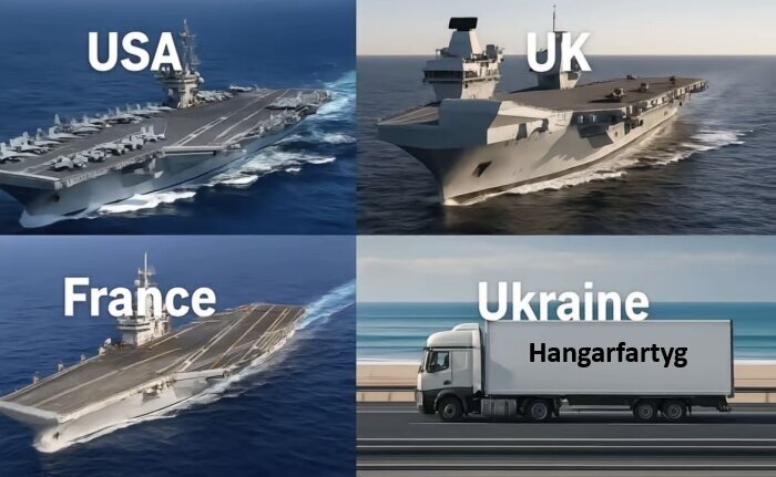 Fyra bilder: hangarfartyg från USA, UK, och Frankrike, samt en lastbil märkt "Hangarfartyg" från Ukraina, alla över hav.