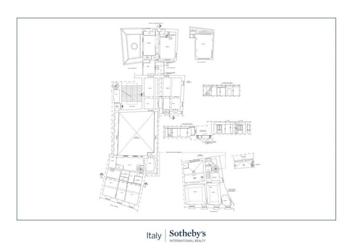 Otydlig planskiss med olika sektioner och rum avbildade, med logotyp från Italy Sotheby's International Realty.