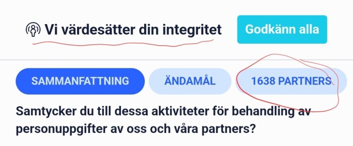 Cookie-popup om integritet med alternativ att godkänna alla och visa detaljer om 1638 partners för personuppgiftshantering.